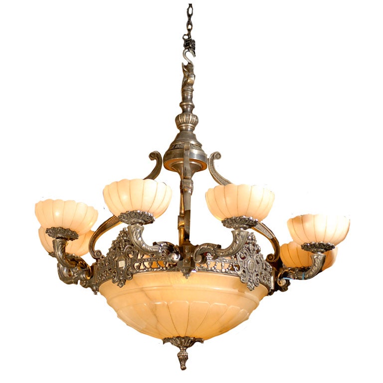 Antique Chandelier. Silver over bronze and alabaster chandelier For