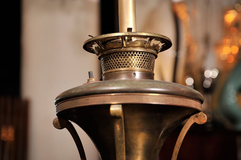 Brass Electrified Art Nouveau Oil Lamp For Sale