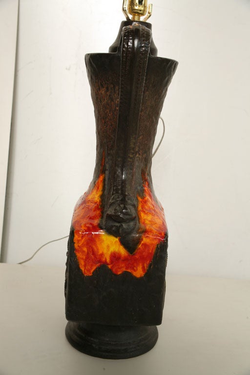 Vallaurice, Frankreich, Keramik-Tischlampen in Orange, Braun und Gelb, Paar im Angebot 1