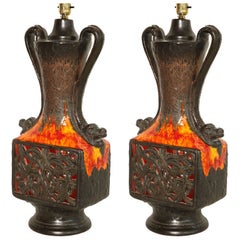 Vallaurice France Ceramic Table Lamps in Orange, Brown & Yellow - Pair