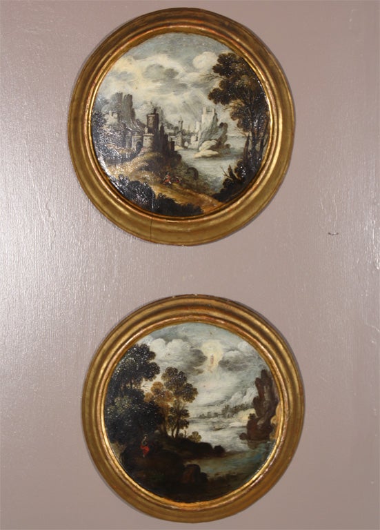 A pair of landscape paintings on board attributed to Paul Brill (1554-1626) a Flemish Baroque Era Painter.  Brill was a landscape painter who worked in Rome after earning papal favor. He is also described as a painter of capricci (whims or fancies)