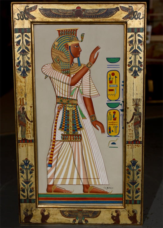 A Continental porcelain Egyptian revival plaque in a giltwood Egytomainia decorated frame. Norther European marked CH? Burger. Possibly German?.