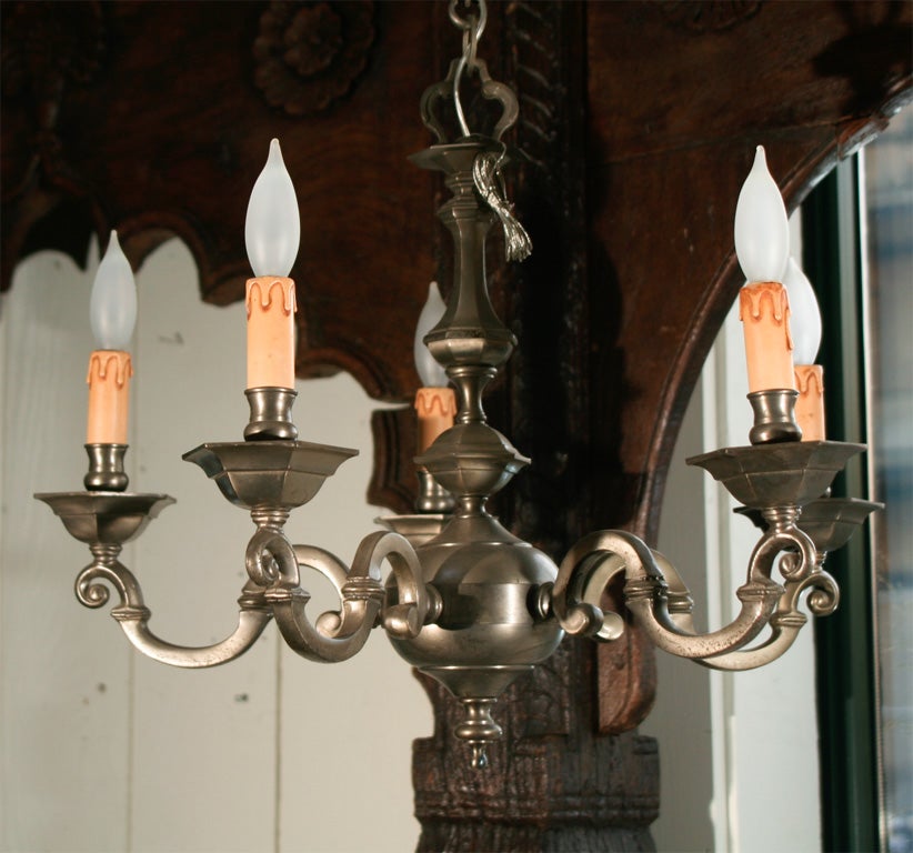 Gorgeous details on this pewter chandelier. Rewired. Requires five candle bulbs.