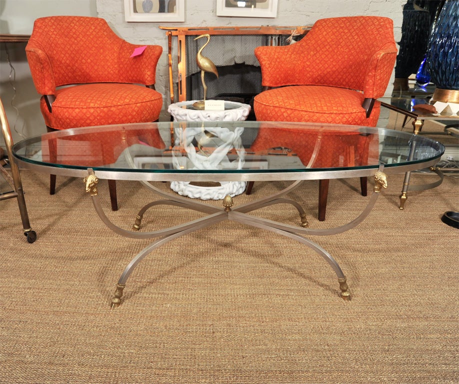 Brass and Nickel Oval Coffee Table With Rams Head