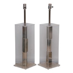 Pair of Lucite and Polished Chrome Lamps