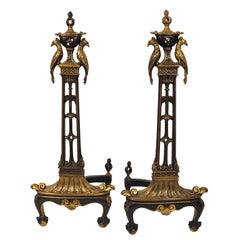 Pair of Antique Patinated Bronze Andirons with Exotic Birds