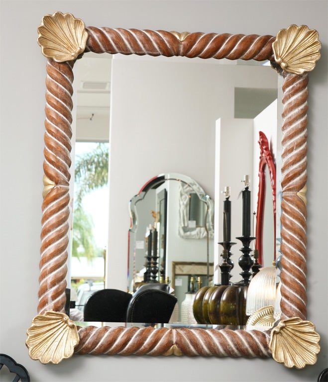 Unknown Large Carved and Painted Wood Mirror with Shell Motif
