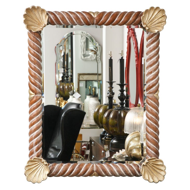 Large Carved and Painted Wood Mirror with Shell Motif
