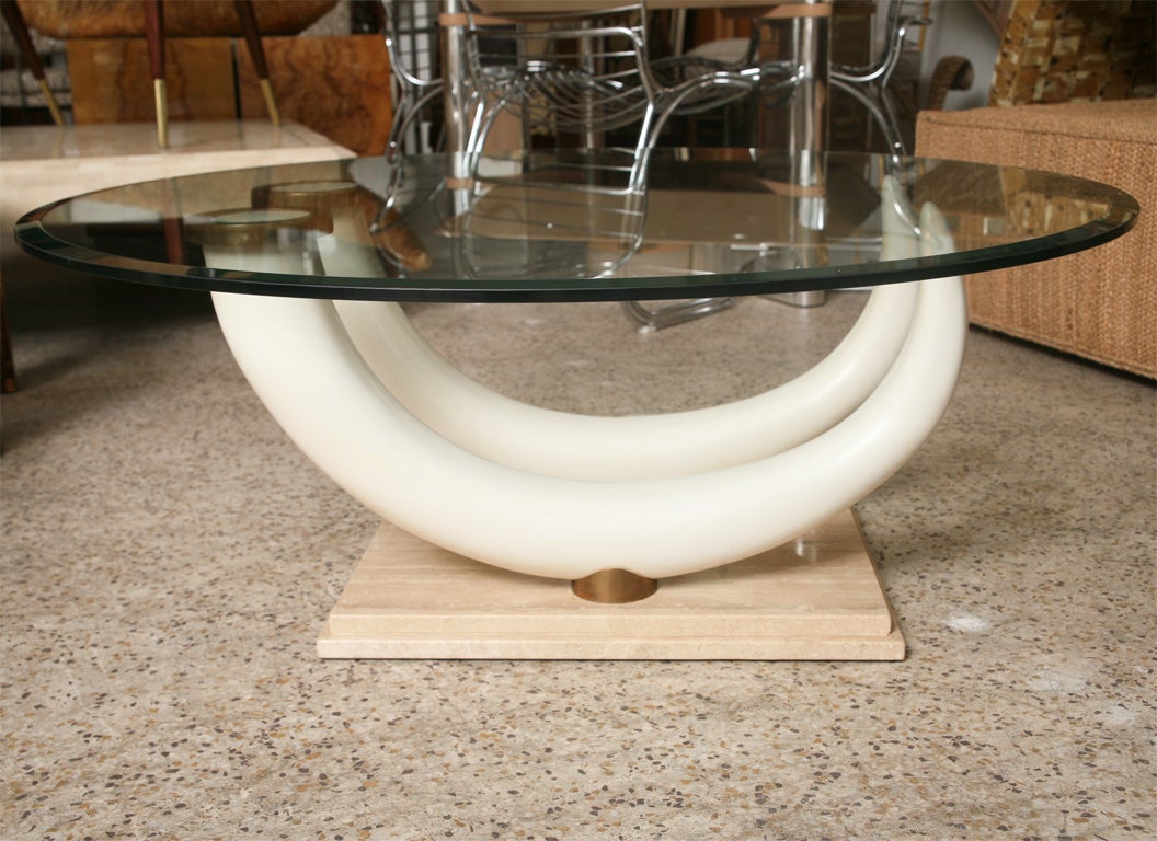 Wood Faux Ivory Tusk and Travertine Coffee Table