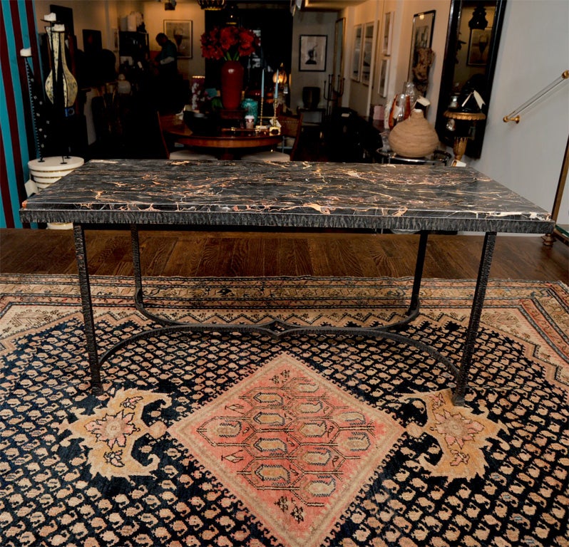 French Black and Beige Marble Top and Wrought Iron Deco Table