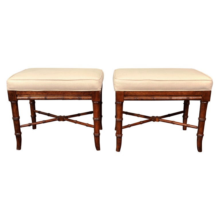 Pair of Upholstered Bamboo Foot Stools