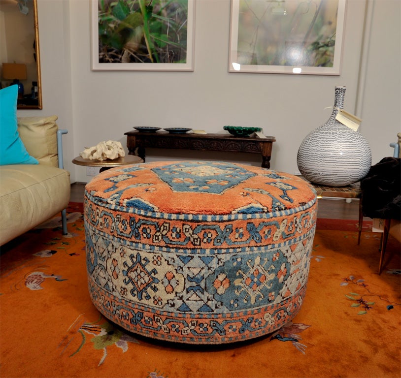 20th Century Persian Rug Covered Ottoman on Wheels