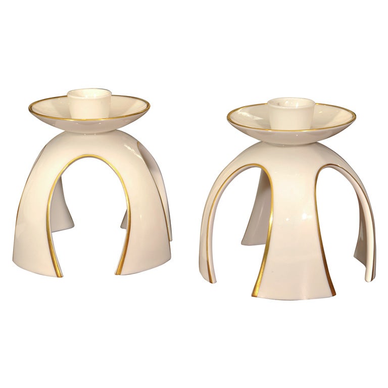 Pair of German White and Gold Glazed Ceramic Candlesticks