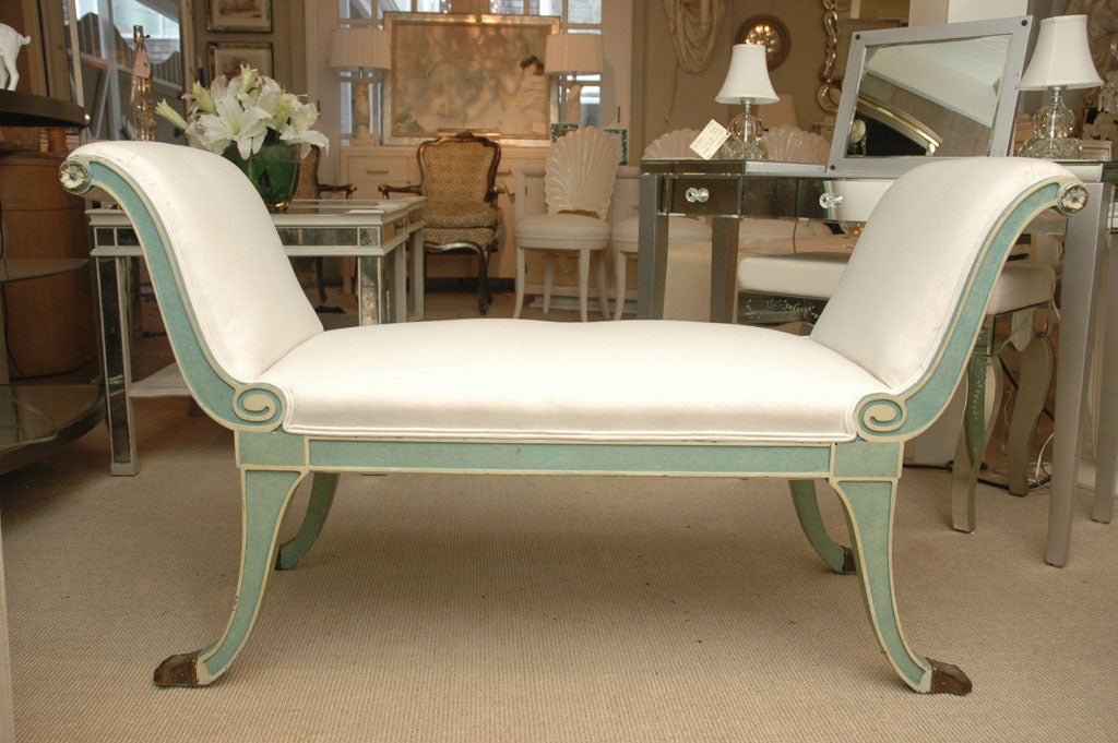 Green with cream trim painted and upholstered neoclassical window bench with brass feet