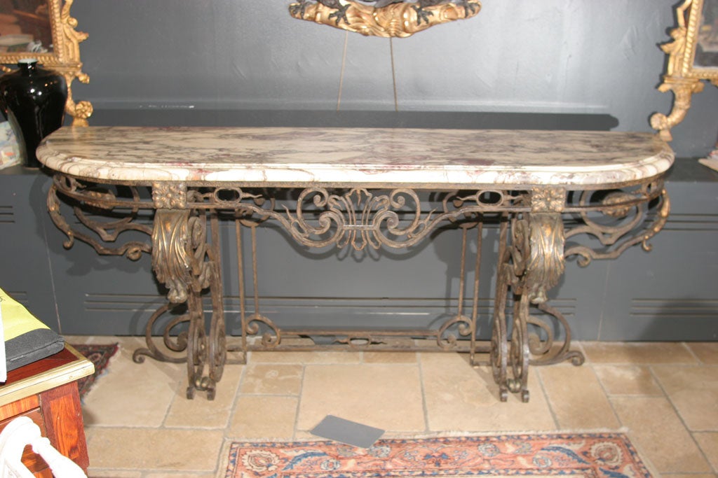 French Marble Top Wrought Iron Console