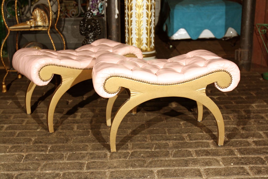 Spectacular tufted pink leather on these Grosfeld House benches.