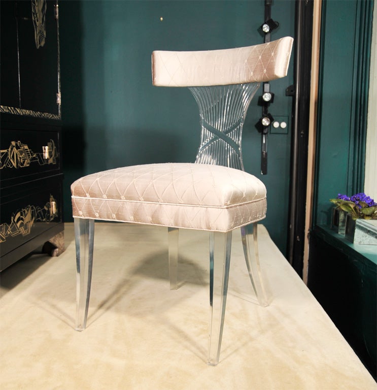 Lucite vanity chair with upholstered seat cushion by Grosfeld House, American 1930s.<br />
34 3/4