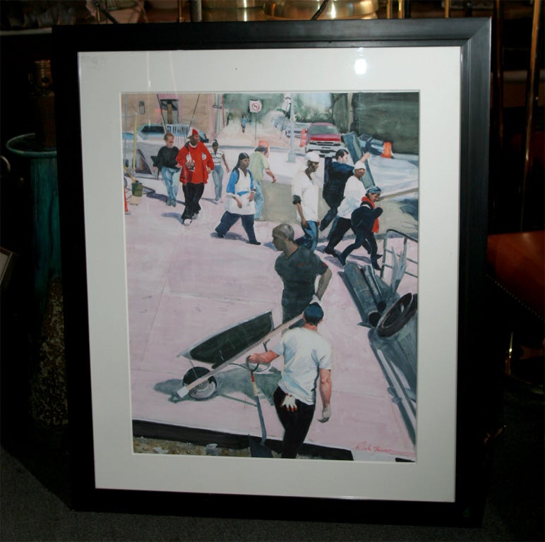 Stylized realistic painting of inner city by Roda Yarnow in wood frame.