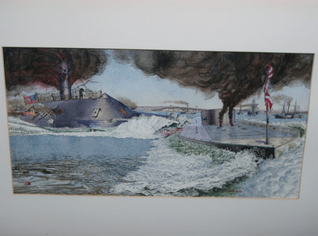 Painting of submarines and ships in watercolor and tempera by Fred Freeman, framed under glass.