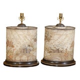 Pair Oval Tea Tins Painted in Pastorial Scenes from Vintage Maps