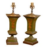 Pair Green Tole Urn Lamps
