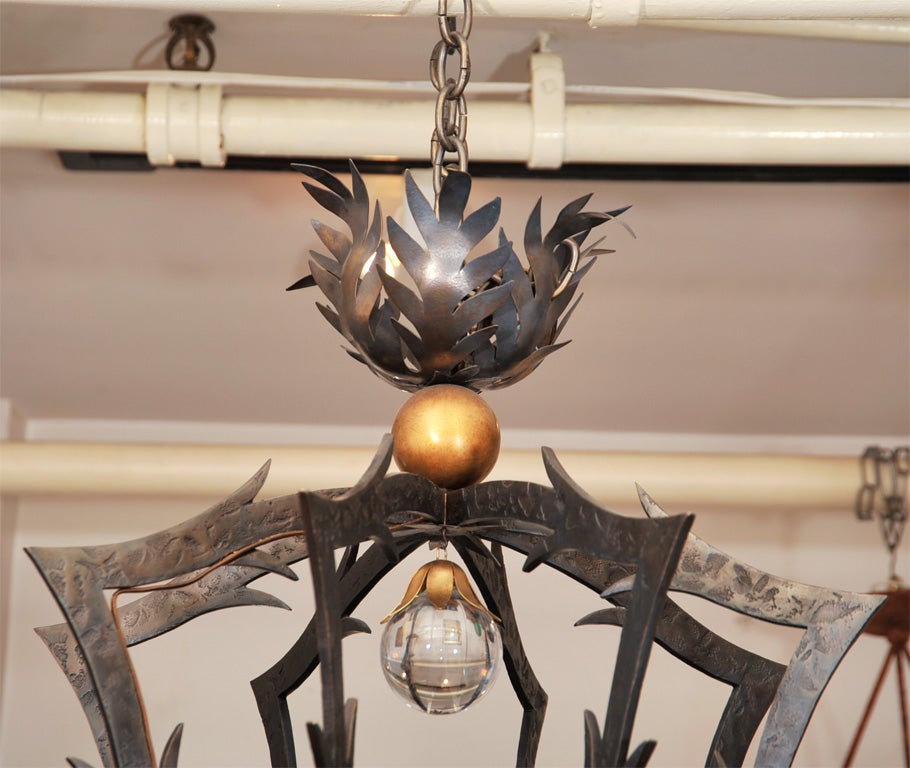 Contemporary bronze chandelier / lantern with gilt-bronze and crystal elements by Hervé van der Straeten 

Monogrammed: HV

Bulb: Bi-pin halogen bulb

This fixture is not sold with a chain or canopy
