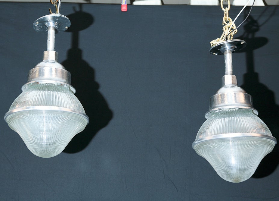 Pair Holophane Pendants wiht Screw Mounted Glass