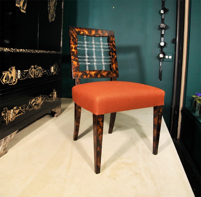 Rare vanity chair with faux tortoise frame and lucite ribbing by Grosfeld House, American 1930s, 33