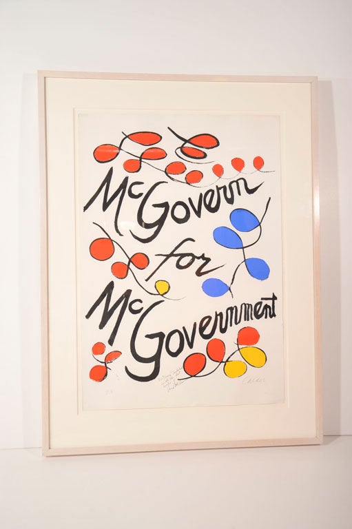Original lithograph signed by Calder in lower right. Autographed by G McGovern lower center (see details). This is an artist proof in a maple frame with white-pickle finish. Lithograph is 24