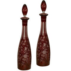 Antique A Pair Of Bohemian Ruby Flashed & Etched Glass Decanters