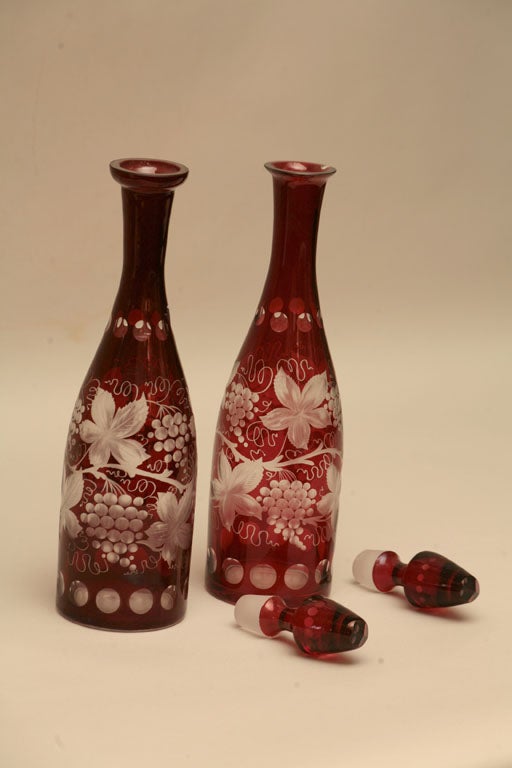 Matched Pair Of Bohemian Ruby Flashed Cut To Clear Decanters 1