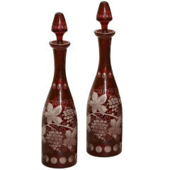 Matched Pair Of Bohemian Ruby Flashed Cut To Clear Decanters