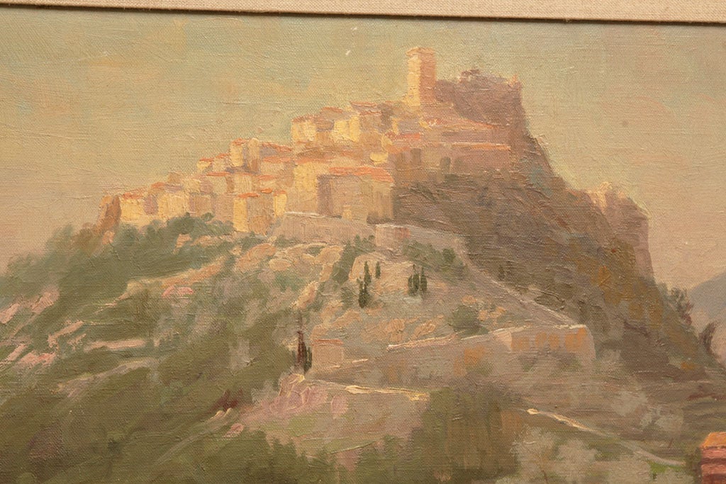 Unknown Oil Painting of  a Walled Hill Top European City For Sale