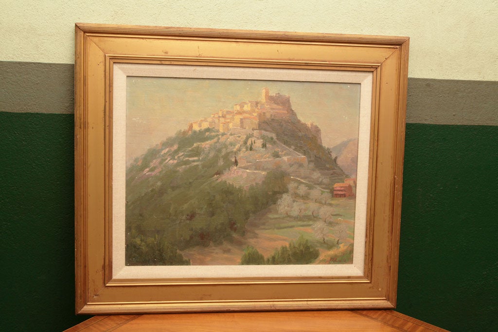 This atmospheric paint in the impressionist style has great presence and detail for a small painting.  In an as found state with a few abrasions to the canvas the painting would brighten up with a cleaning but it is not damaged. The frame is a good