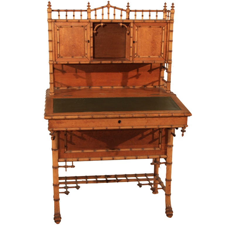 American Carved Faux Bamboo Secretary Desk For Sale