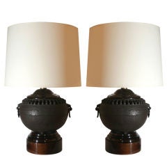 A Pair of Archaic Modern Bronze  Table Lamps