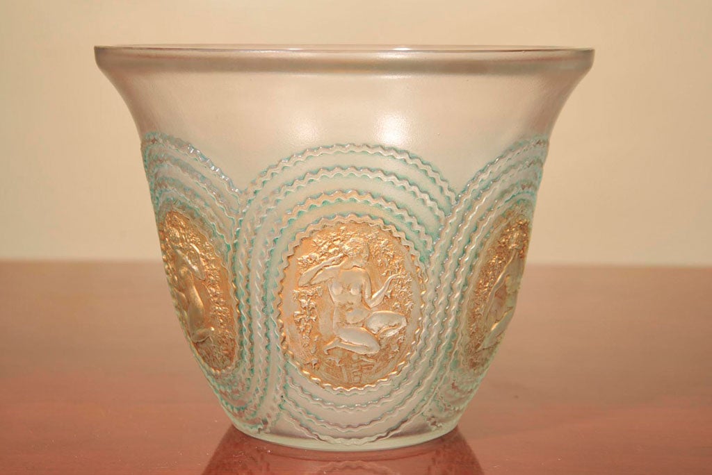 RARE, STUNNING, RENE LALIQUE, DISCONTINUED, CIRCA 1937, CLEAR AND FROSTED, “DRYADES” GLASS VASE WITH GOLD AND GREEN PATINA. SIGNED 