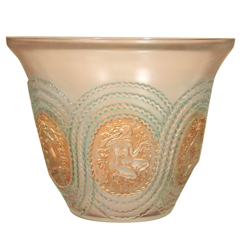 RARE, RENE LALIQUE "DRYADES" VASE W/ GOLD & GREEN PATINA