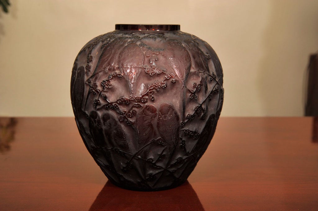RARE, RENE LALIQUE, DISCONTINUED, CIRCA 1919, COLLECTIBLE, RED DEEP AMBER, “PERRUCHES” VASE. SIGNED 