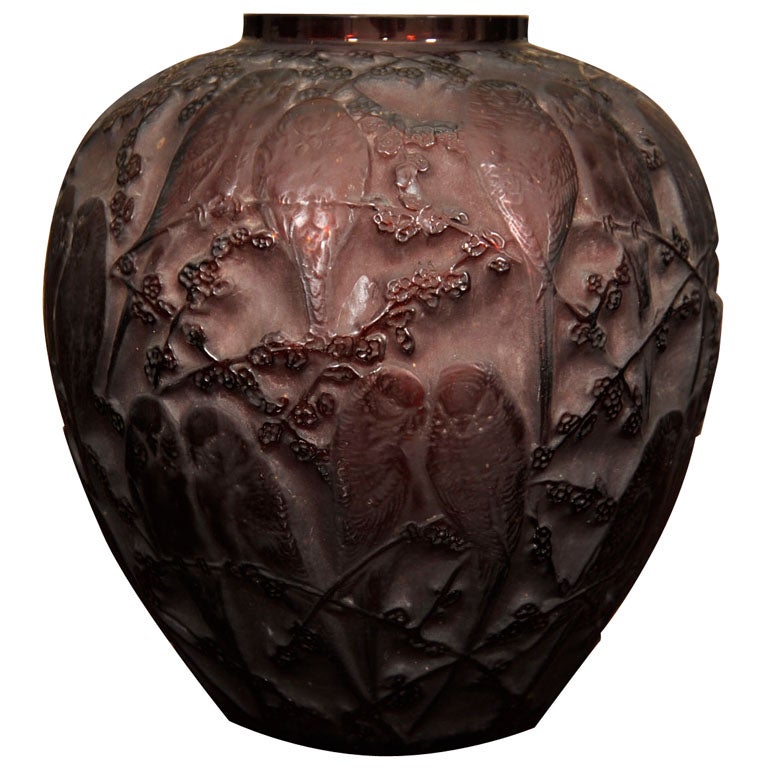 RENE LALIQUE RED DEEP AMBER "PERRUCHES" VASE