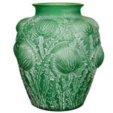 RENE LALIQUE EMERALD GREEN "DOMREMY" VASE WITH WHITE PATINA
