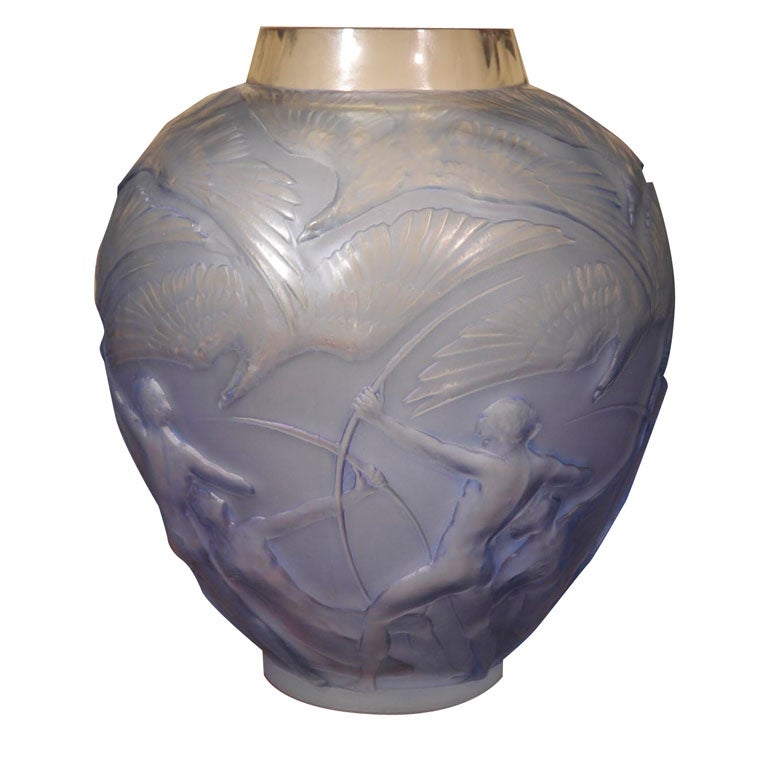 RARE, RENE LALIQUE "ARCHERS" VASE WITH BLUE PATINA
