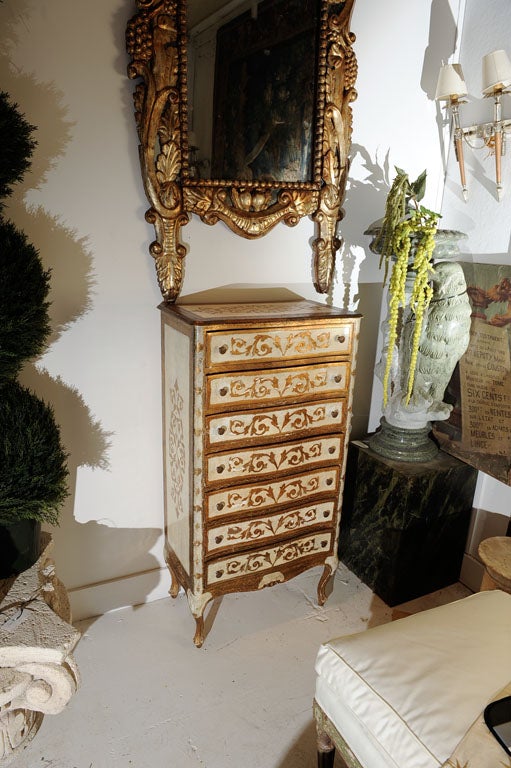 Chest/Dresser, 7 Drawer, Italian, Rococo Style.  Cream Painted and Gilt Decorated, 20thC, Florentine.