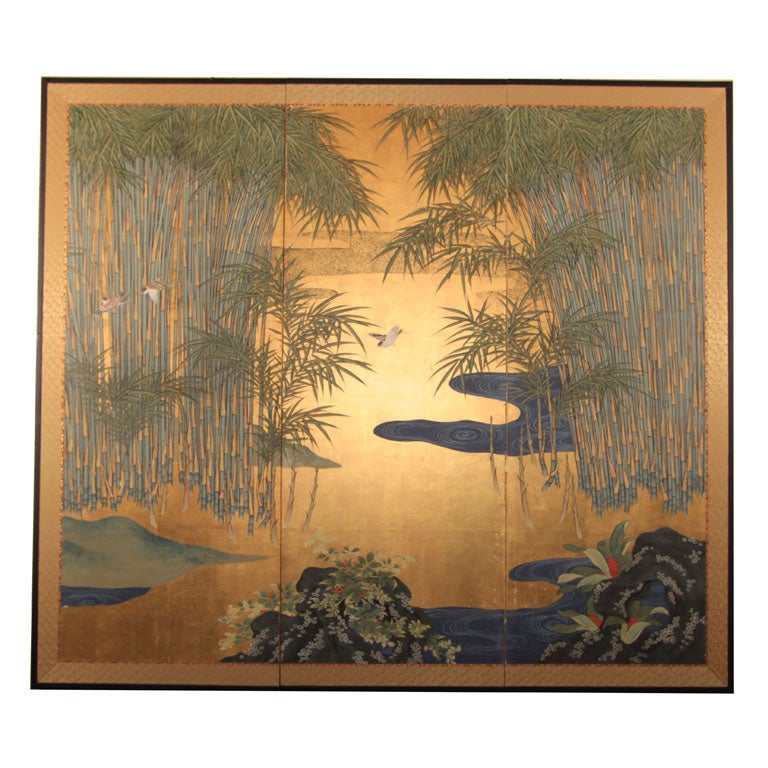 Japanese Painted Screen with Bamboo 
Sparrows