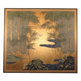 Japanese Painted Screen with Bamboo & Sparrows