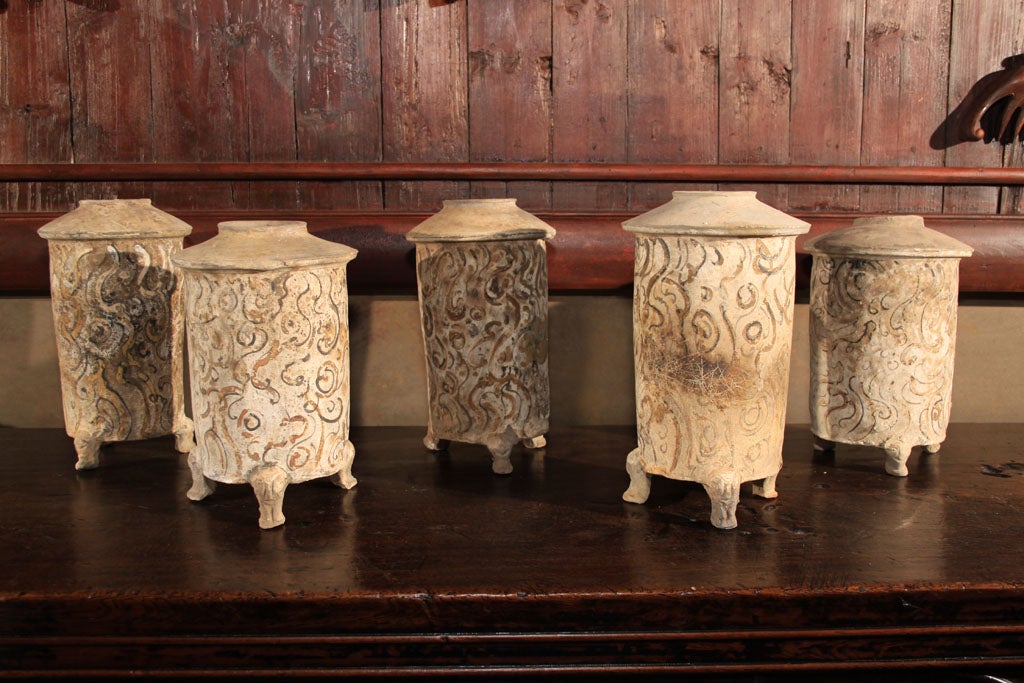 18th Century and Earlier Set: 5 Chinese Han Dynasty Ceramic Granary Urns