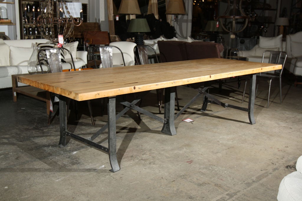 10' reclaimed 1950's bowling alley top table on steel industrial base