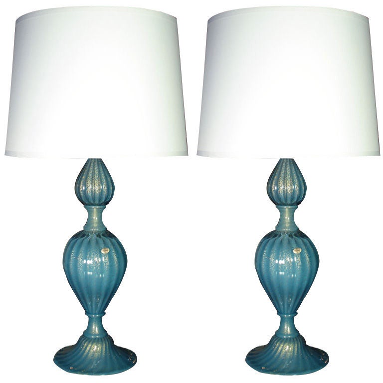 Pair of Turquoise Gold Murano Lamps