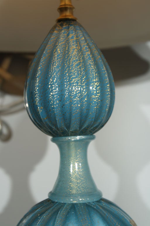 Glass Pair of Turquoise Gold Murano Lamps