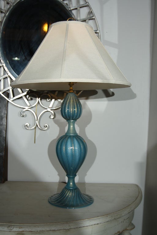 Pair of fabulous Italian murano lamps in rich turquoise and 24kt. aventurine gold flecks. Linen shades are not included.